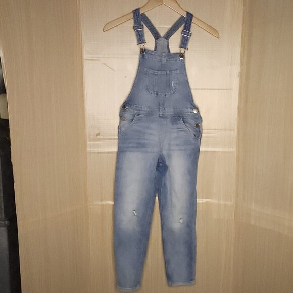 H&M Girls Light Wash Distressed Denim Overalls 8 - Picture 1 of 6